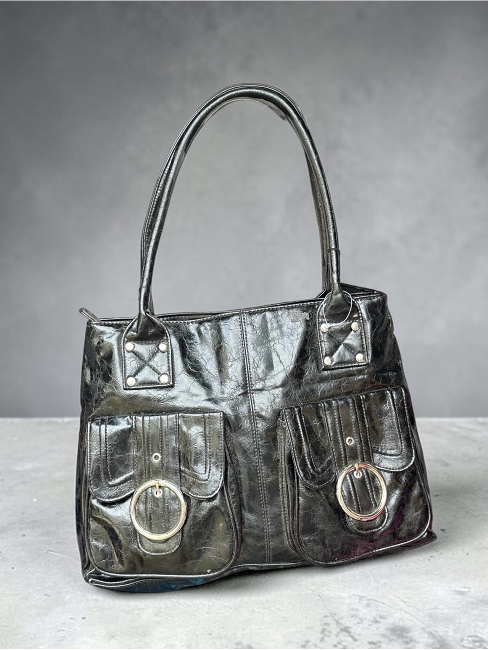 Black Leather Double-Pocket Tote Handbag